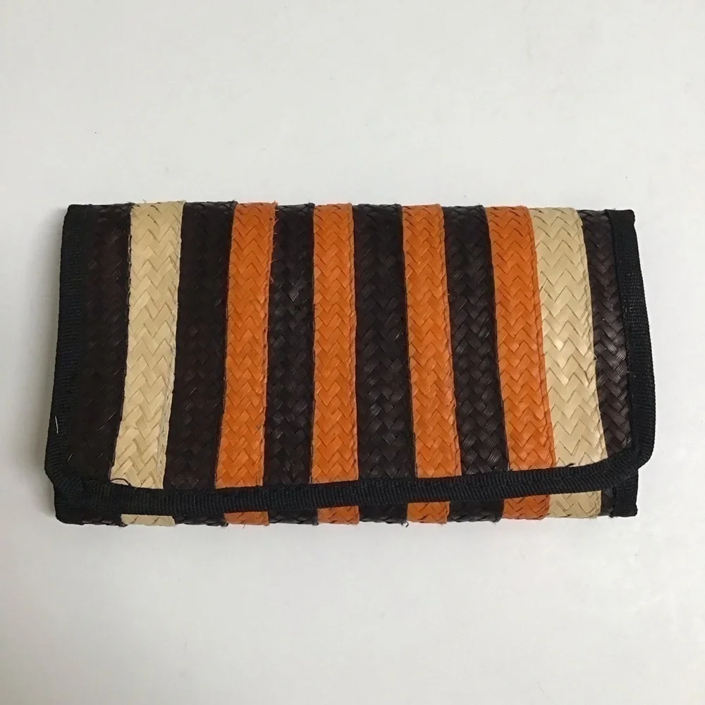Handmade Woven Straw Wallet Zip Pouch Stripe Clutch Raffia Natural Brown Orange